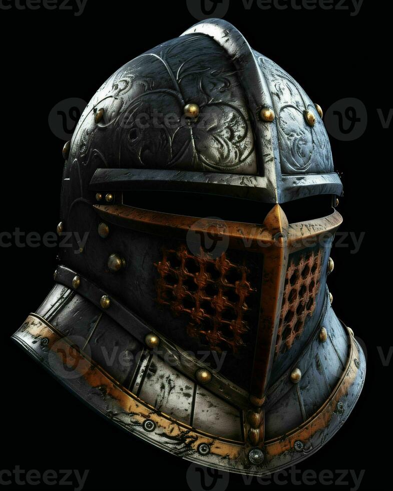 AI generated Iron Medieval War Helmet Isolated on Black Background. Generative AI photo