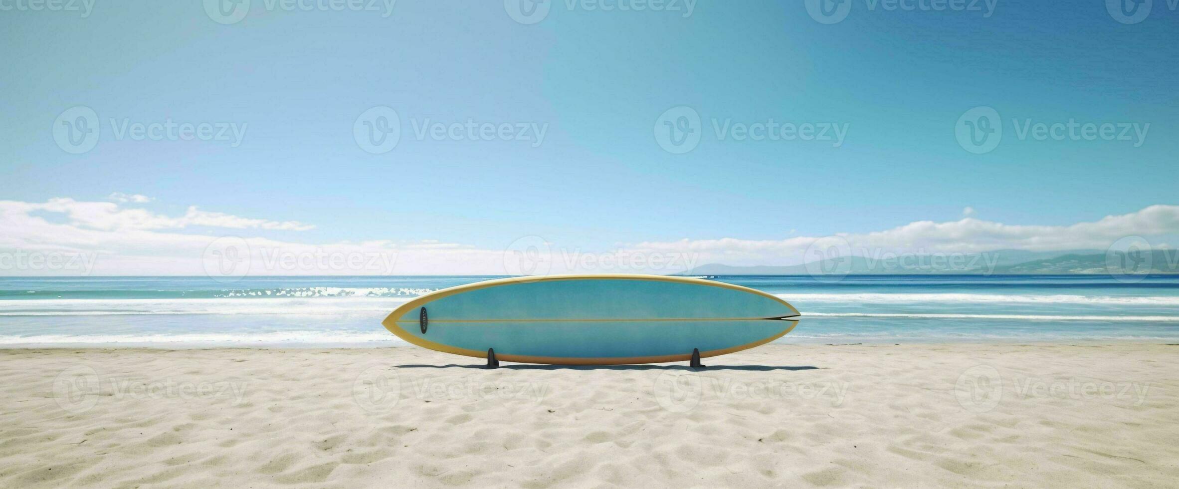 ai generado tabla de surf en el playa con azul cielo vista. generativo ai foto