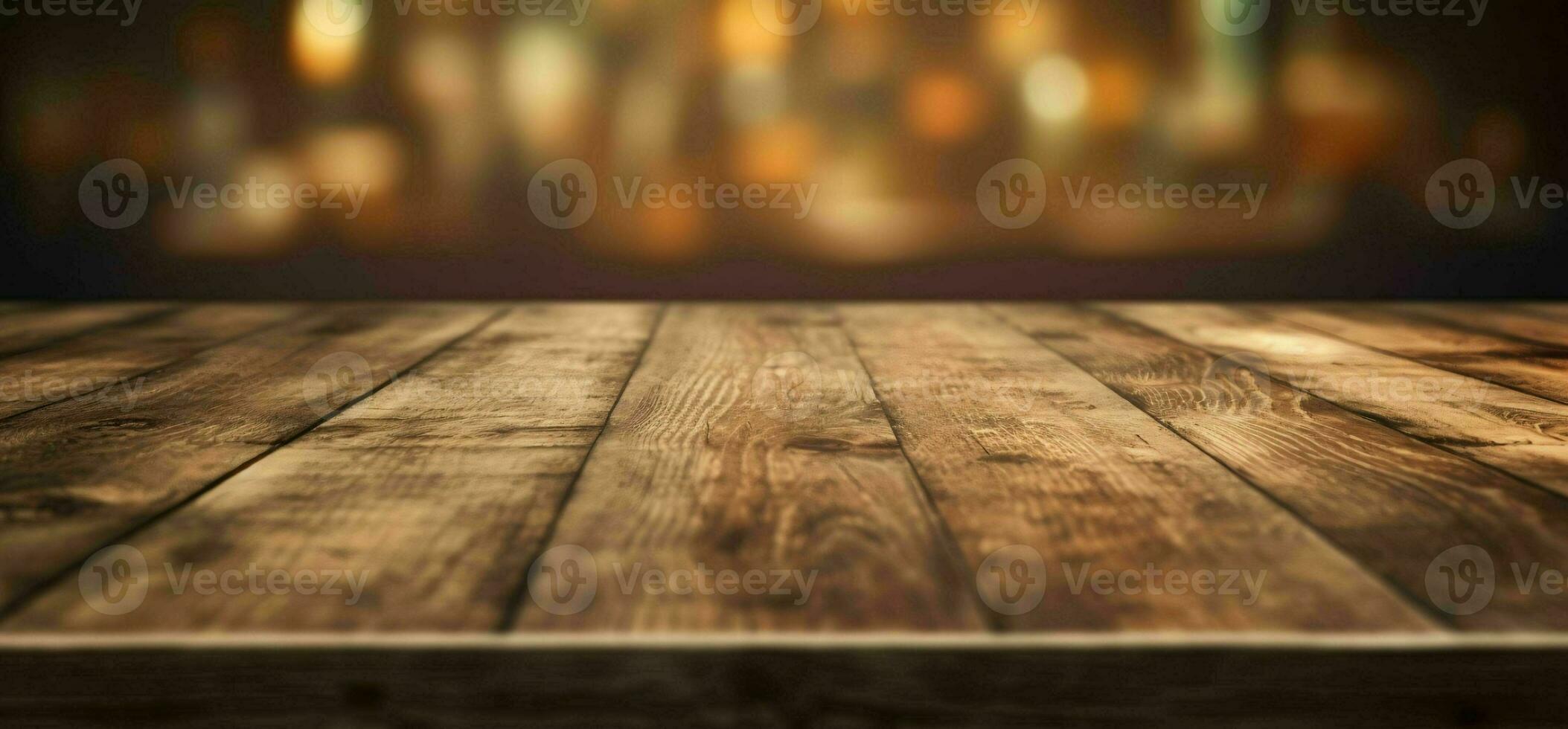 AI generated Empty Wooden Table with Bokeh Cafe Background and Golden Lights. Generative AI photo
