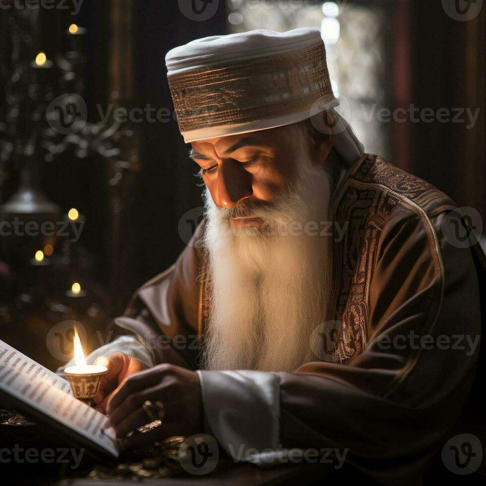 AI generated An elderly Muslim man reads the Al Quran by candlelight. Generative Ai photo