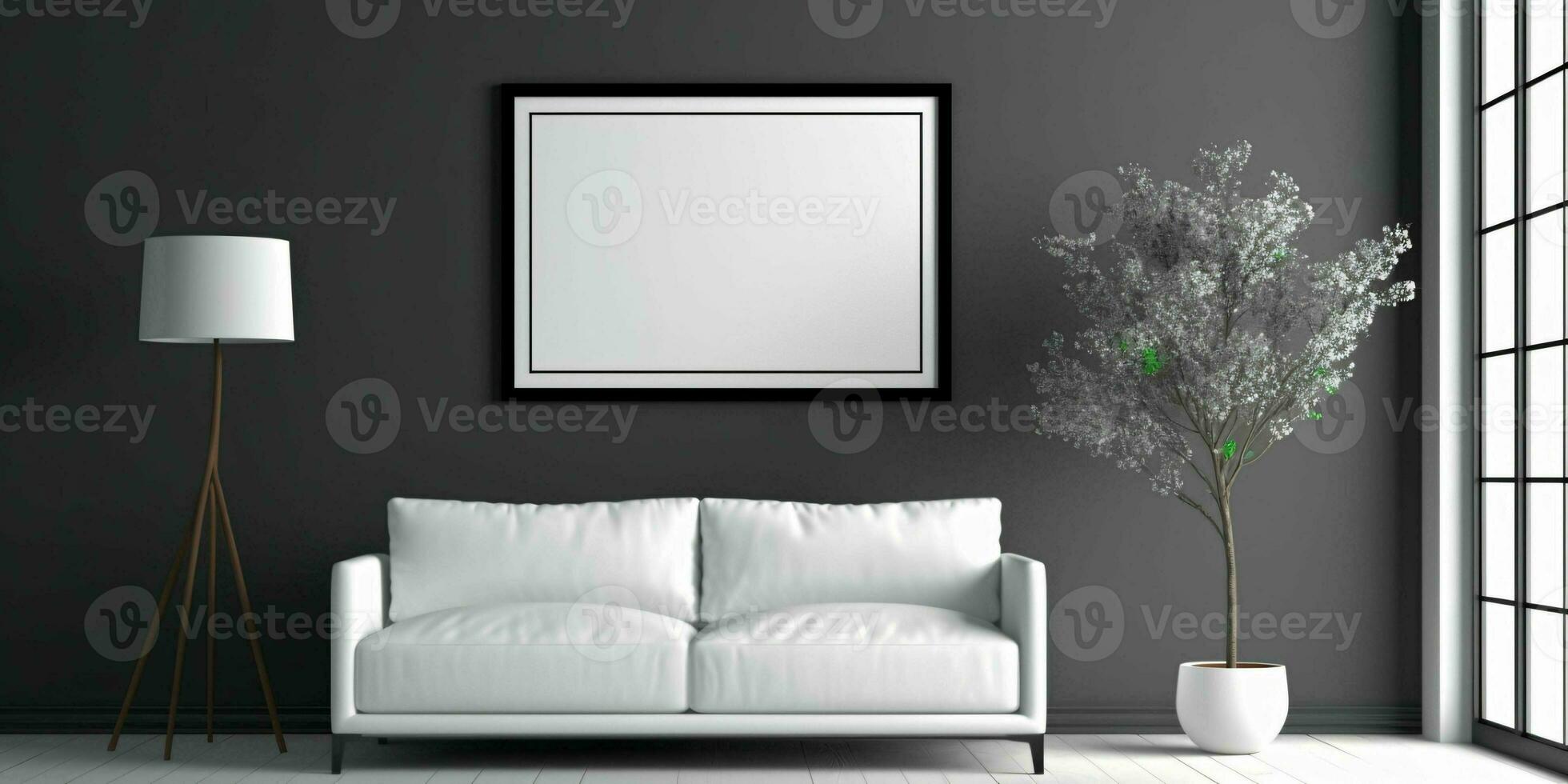 AI generated Modern and Minimalist Living Room Interior Design with Blank White Picture Frame Mockup. Generative AI photo