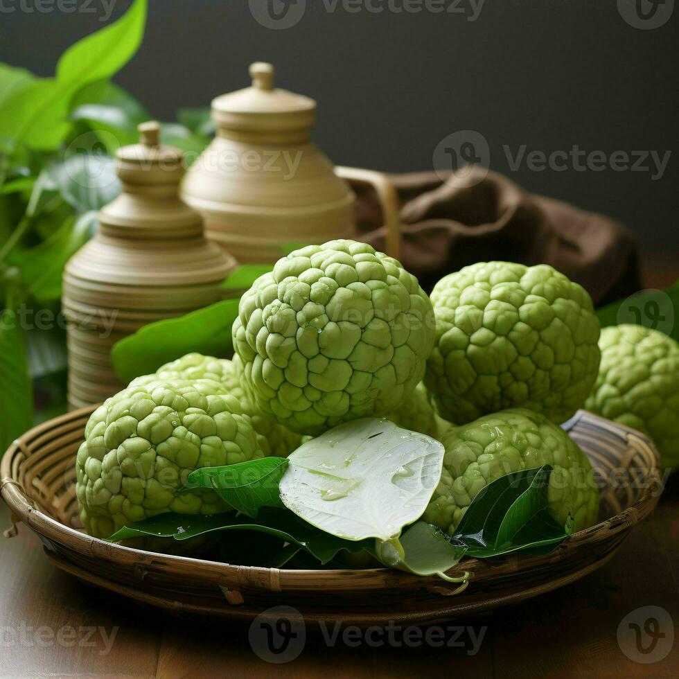 AI generated Fresh Custard Apples in a Basket. Sugar Apple. Healthy Fruit. Generative AI photo
