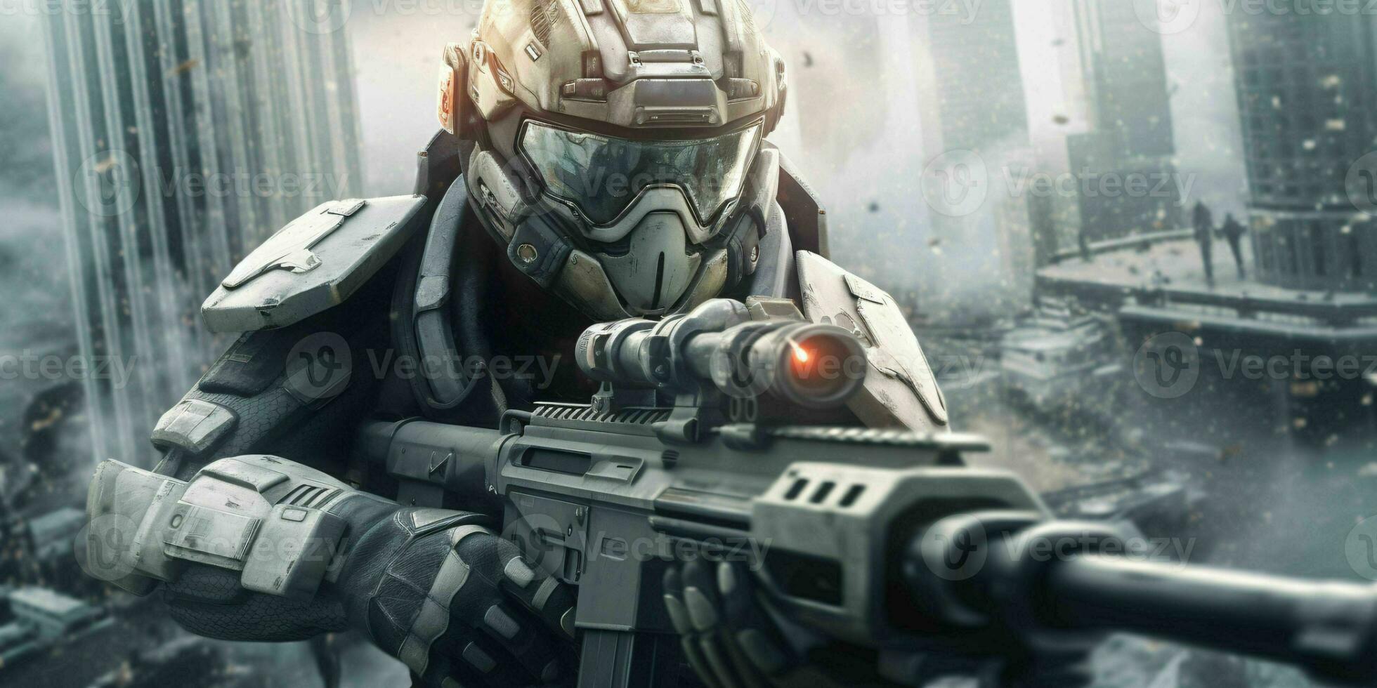 AI generated Futuristic Soldier Holding Gun in a Destroyed City. Science Fiction Background. Generative AI photo