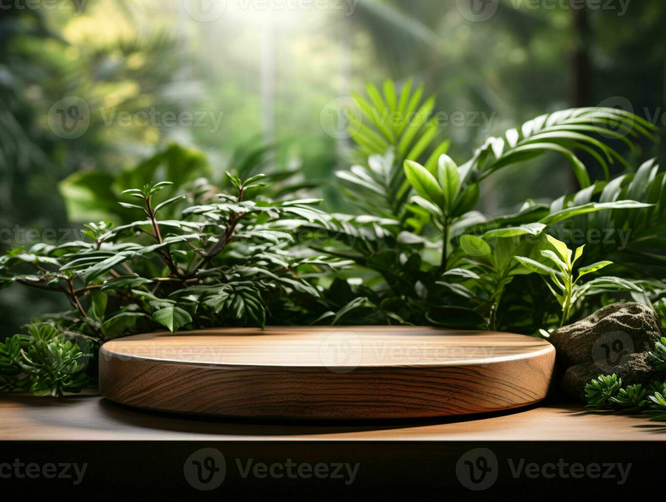 AI generated Wooden Product Display Podium with Nature Background. Natural Product Placement Pedestal Stand. Generative AI photo