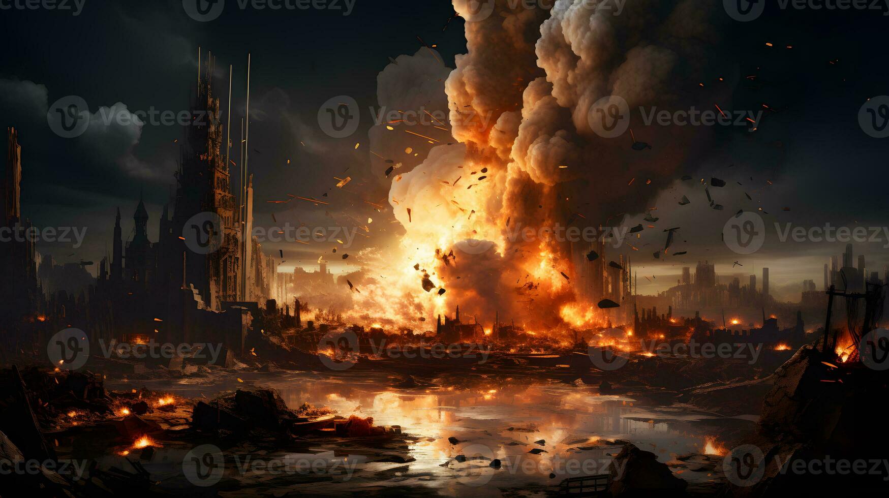 AI generated City Burns After Missile Explodes During War. Doomsday Disaster. Generative Ai photo