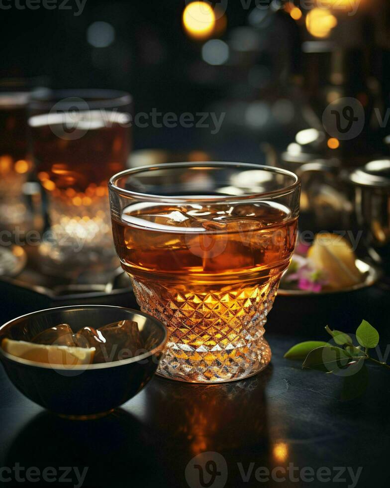 AI generated Tea Cups on a Glass Table with a Blurry City Background. Generative AI photo