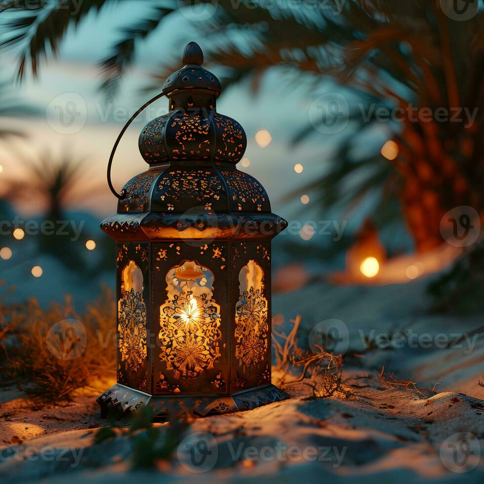 AI generated Arabic Lantern in the Desert at Sunset. Ramadan Kareem Background. Muslim Holy Month. Generative Ai photo