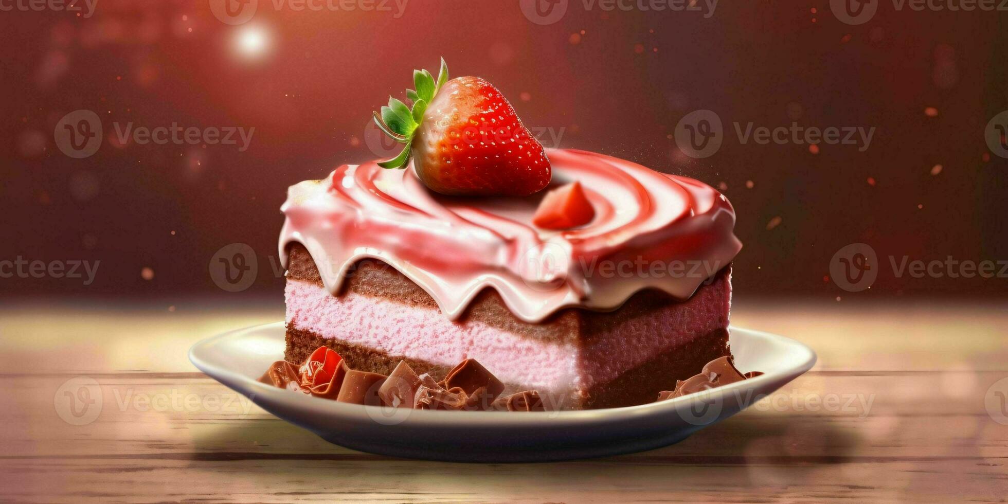 AI generated A Slice of Sweet Pink Cake with Strawberries and Cream on Top. Generative AI photo
