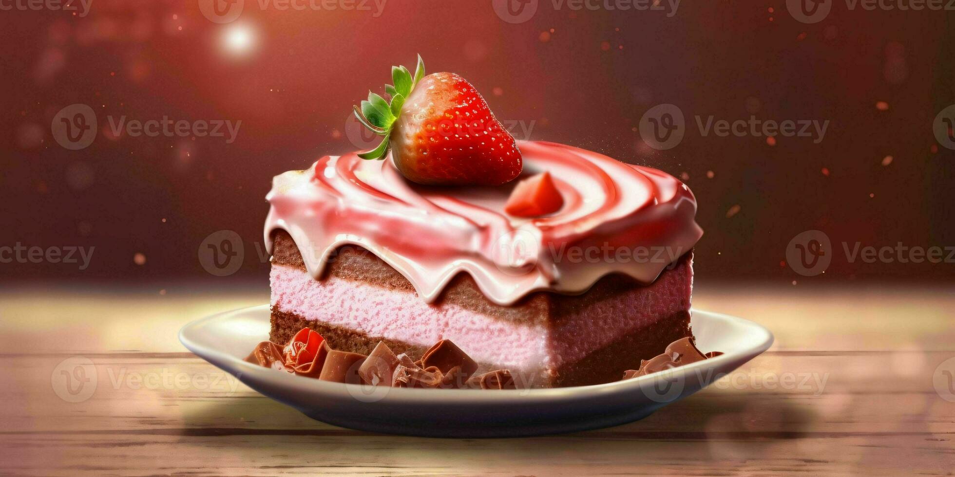 ai generado un rebanada de dulce rosado pastel con fresas y crema en cima. generativo ai foto