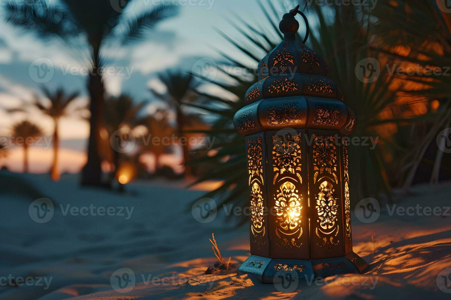 AI generated Arabic Lantern in the Desert at Sunset. Ramadan Kareem Background. Muslim Holy Month. Generative Ai photo