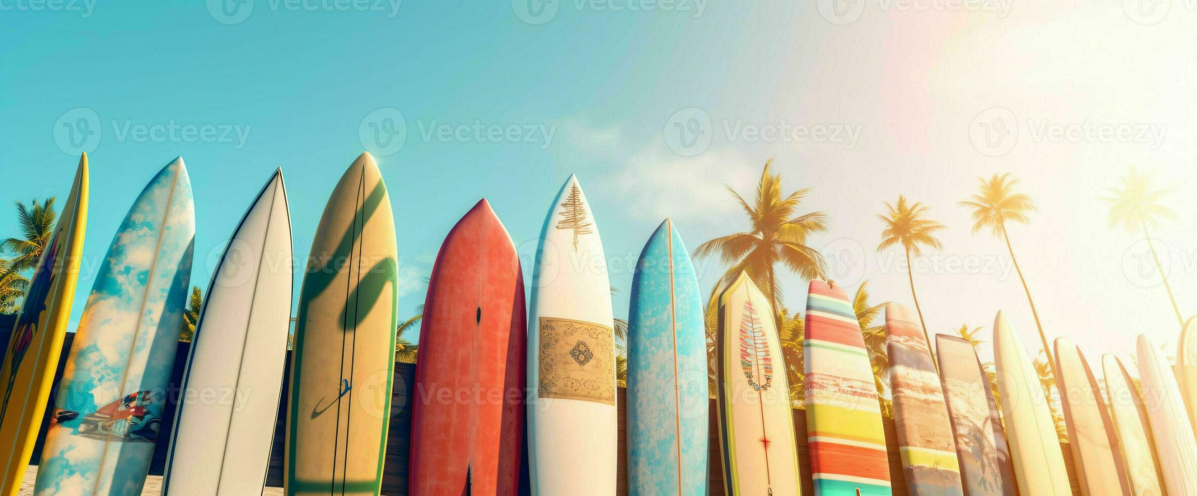 AI generated Surfboard on the Beach with Blue Sky View. Generative AI photo