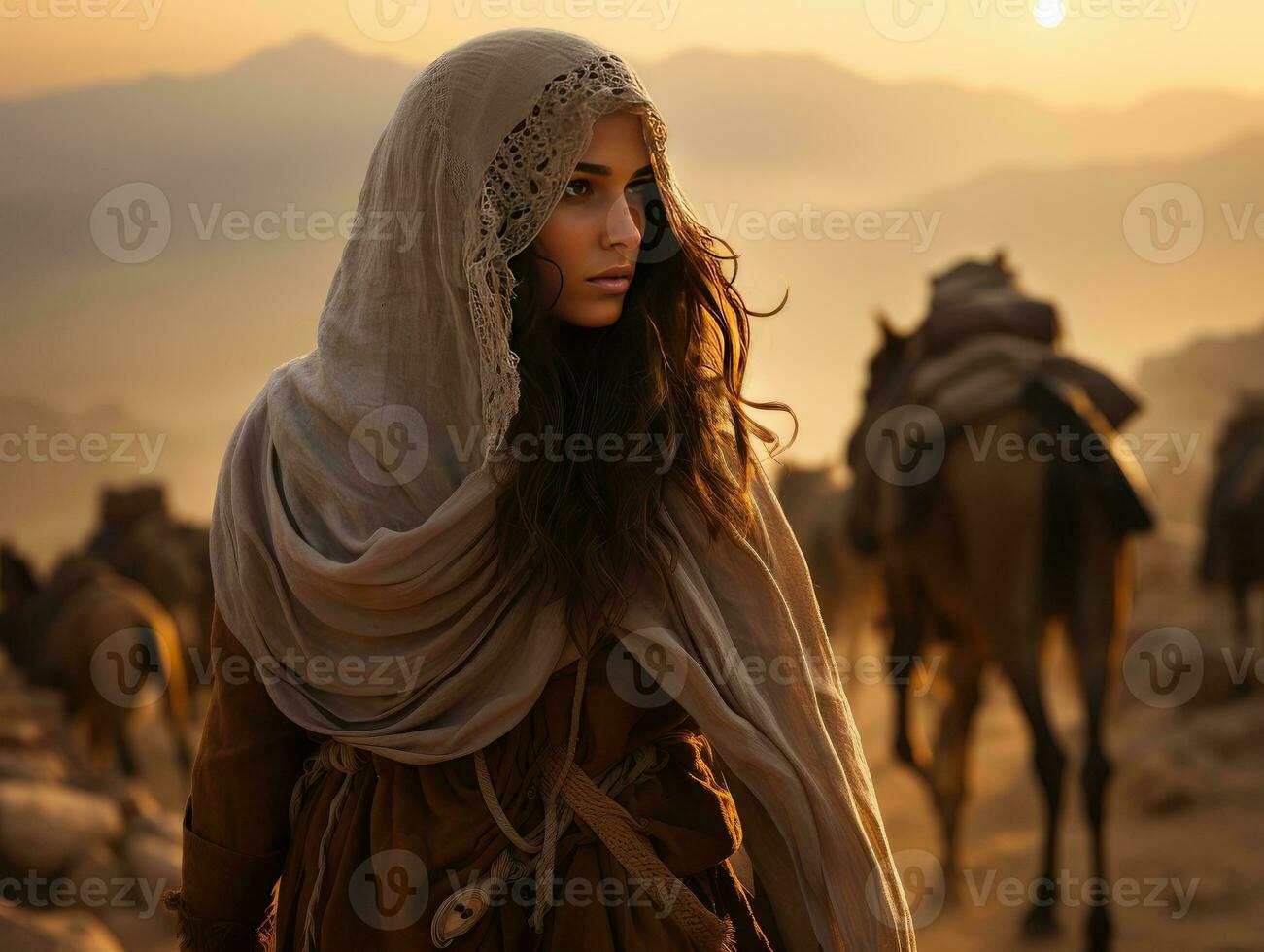 ai generado hermosa velado mujer de viaje en el Desierto con luz de sol efecto. generativo ai foto