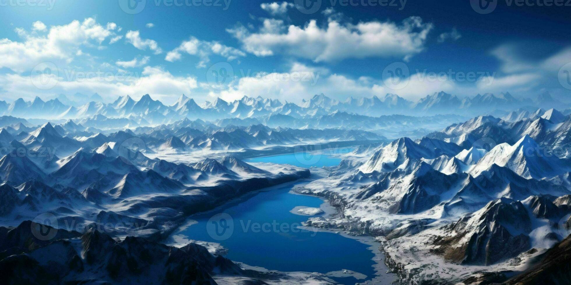 AI generated Illustration of a Large Snowy Mountain Landscape with a Lake Below. Winter Mountains. Generative AI photo