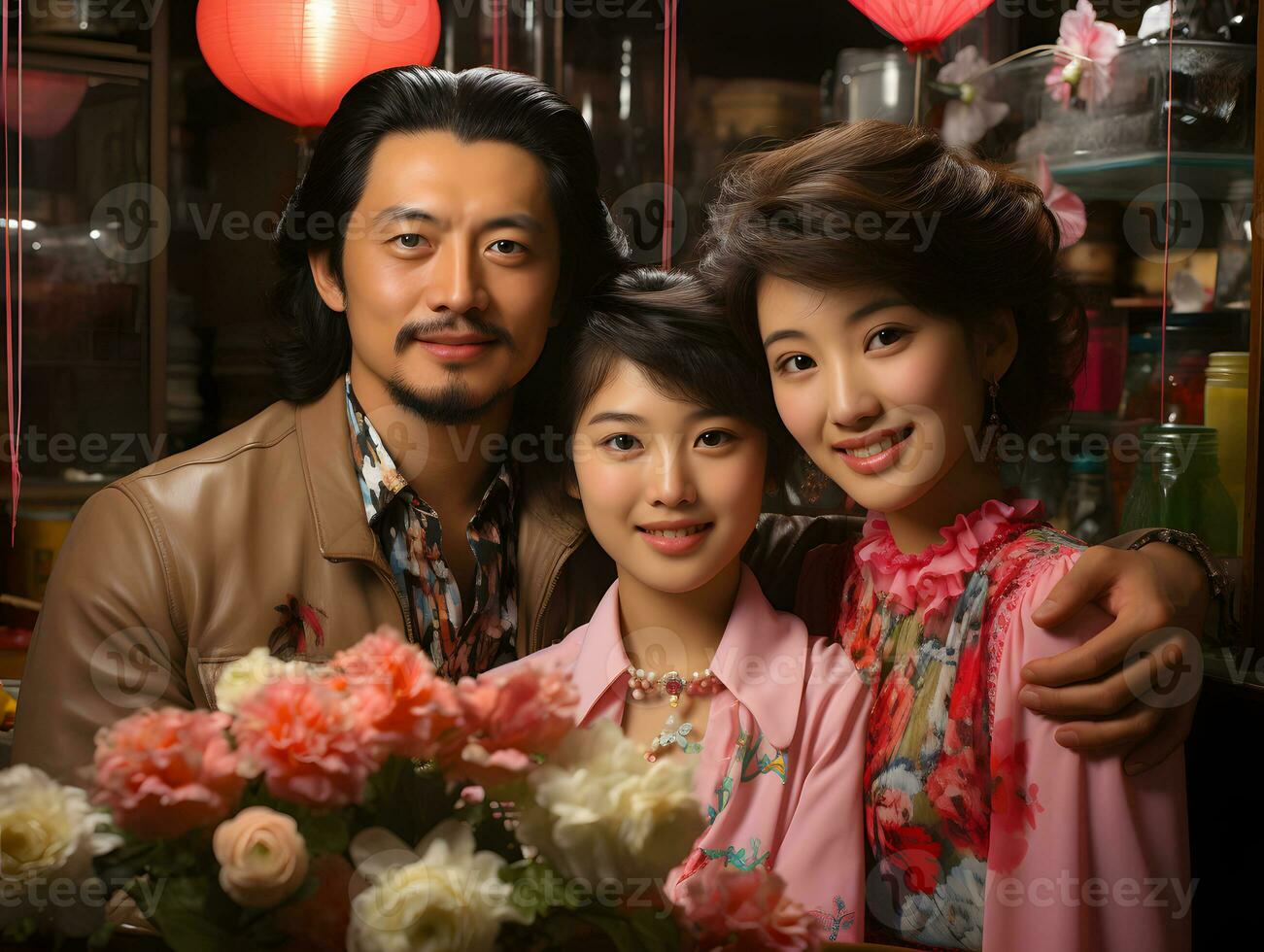 AI generated Portrait of a Small Happy Asian Family in Retro Fashion Style. Generative Ai photo