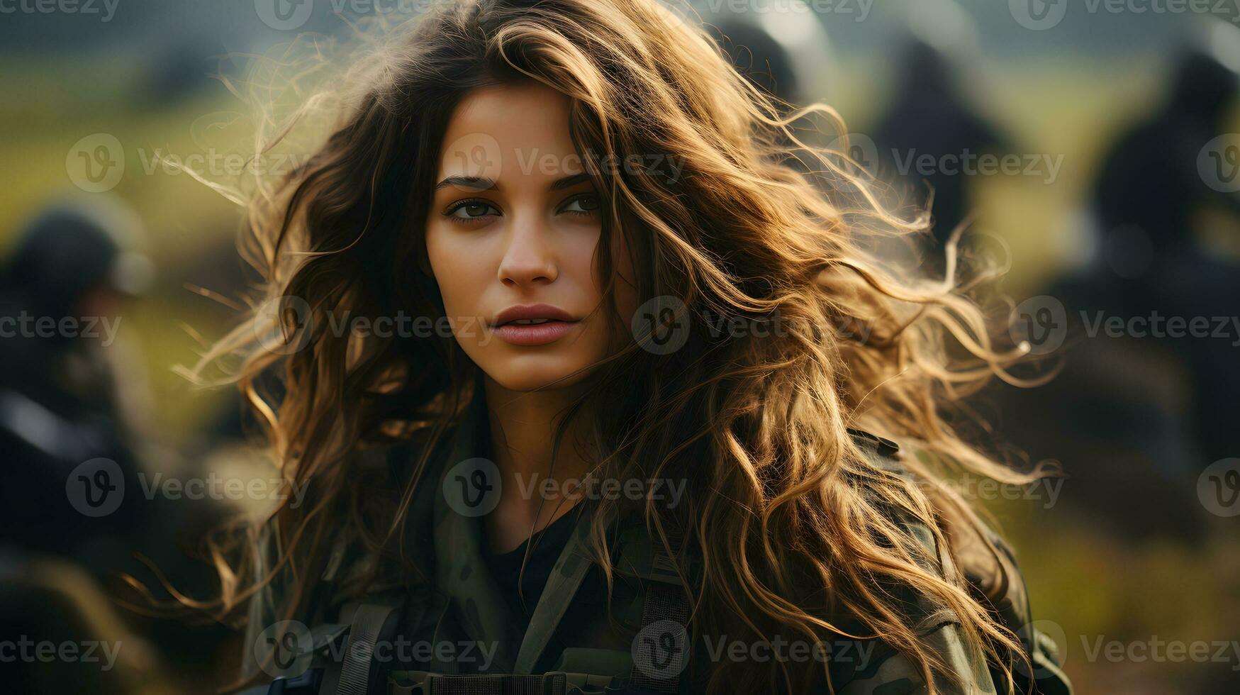 AI generated Portrait of a Long Haired Female Soldier in the Grassland. Women in Military Uniform. Generative Ai photo