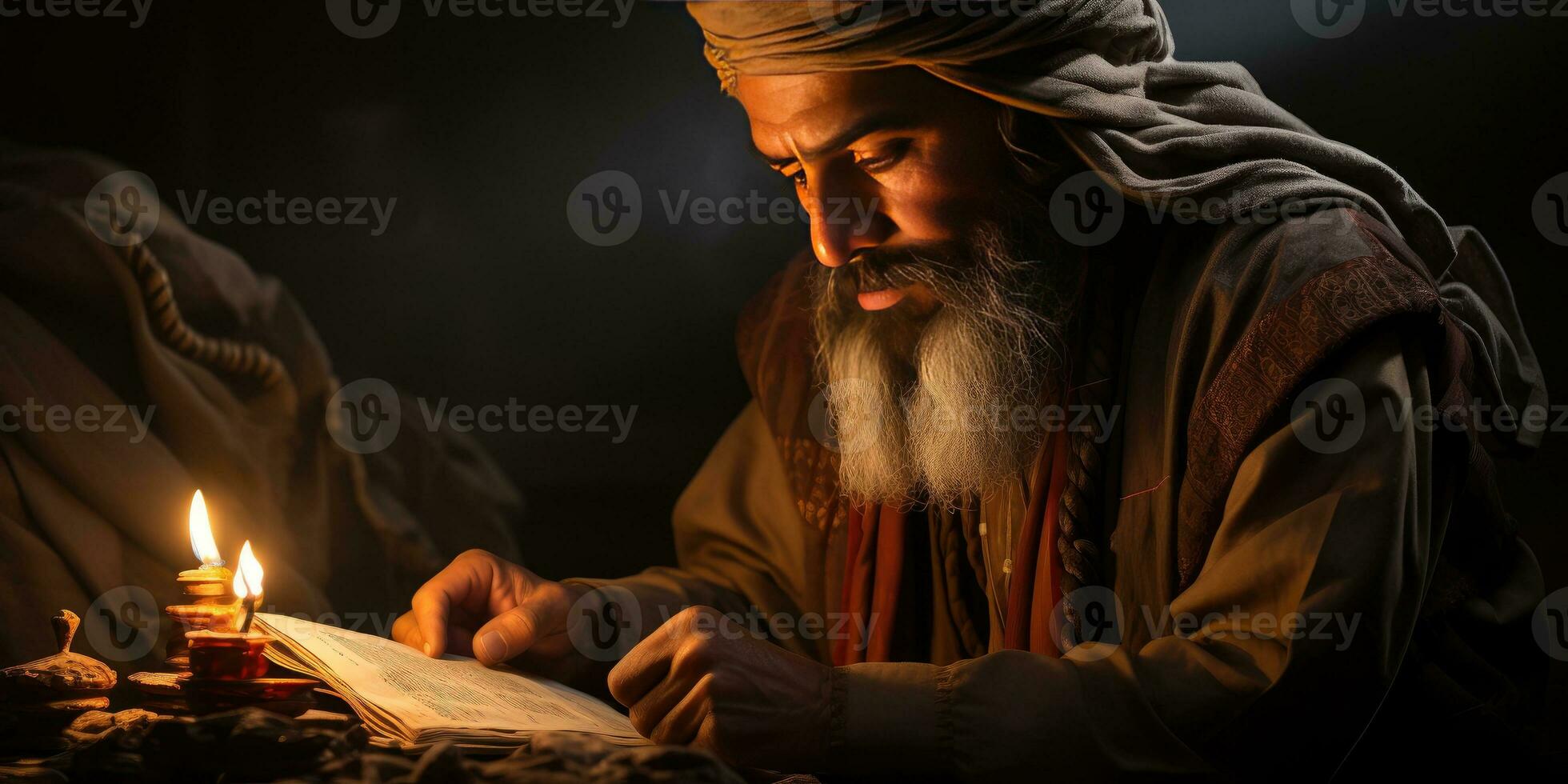 AI generated An elderly Muslim man reads the Al Quran by candlelight. Generative Ai photo