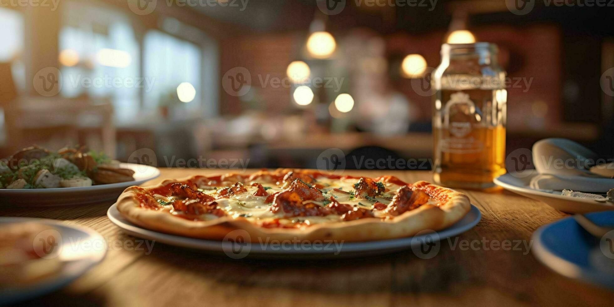 ai generado sabroso Pizza en de madera mesa con borroso lujoso antecedentes. generativo ai foto