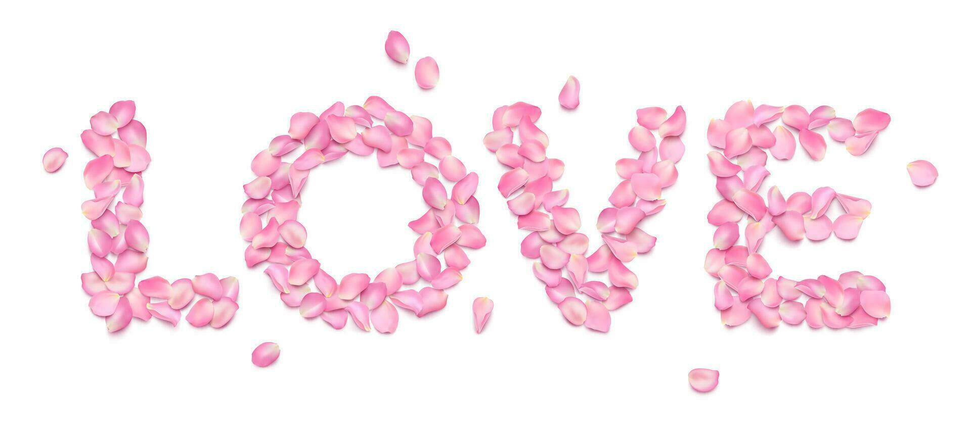 LOVE typography from realistic rose petals isolated on white background. Pink voluminous sakura petals. Romantic inscription for greeting card Valentine's Day, March 8, wedding invitation. vector