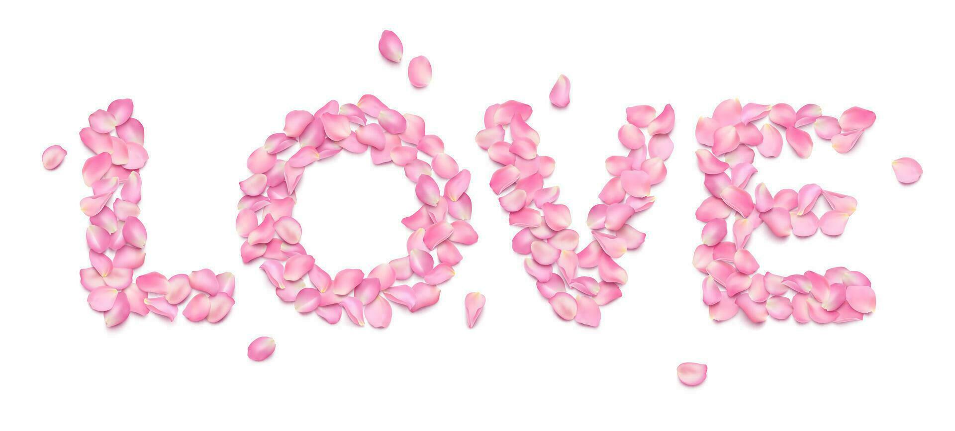 LOVE typography from realistic rose petals isolated on white background. Pink voluminous sakura petals. Romantic inscription for greeting card Valentine's Day, March 8, wedding invitation. vector