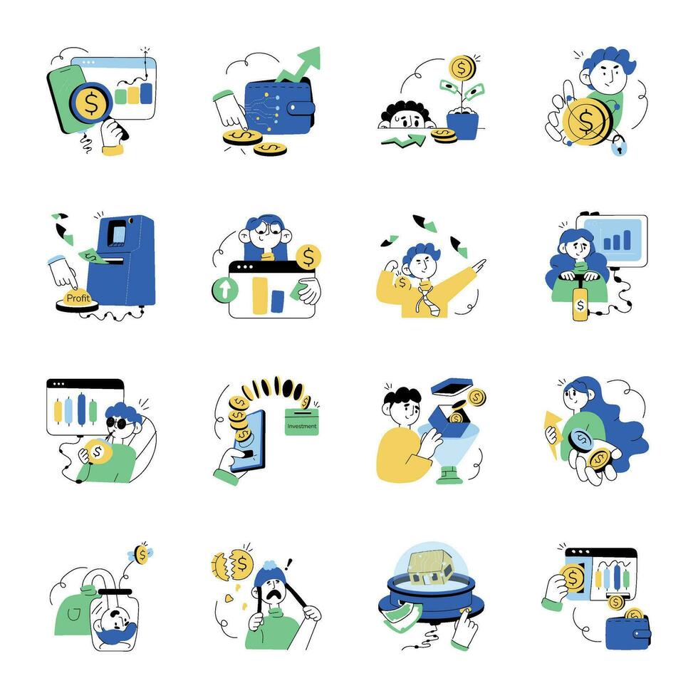 Bundle of Investment and Growth Mini Doodle Illustrations vector