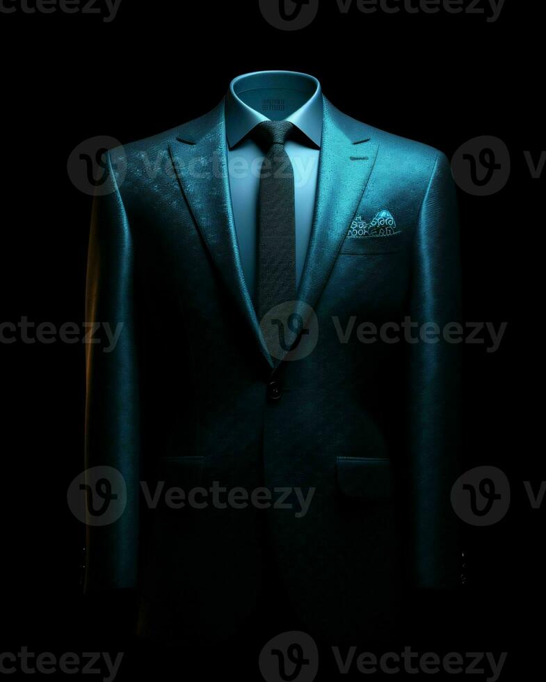 ai generado elegante azul de los hombres traje aislado en negro antecedentes. generativo ai foto