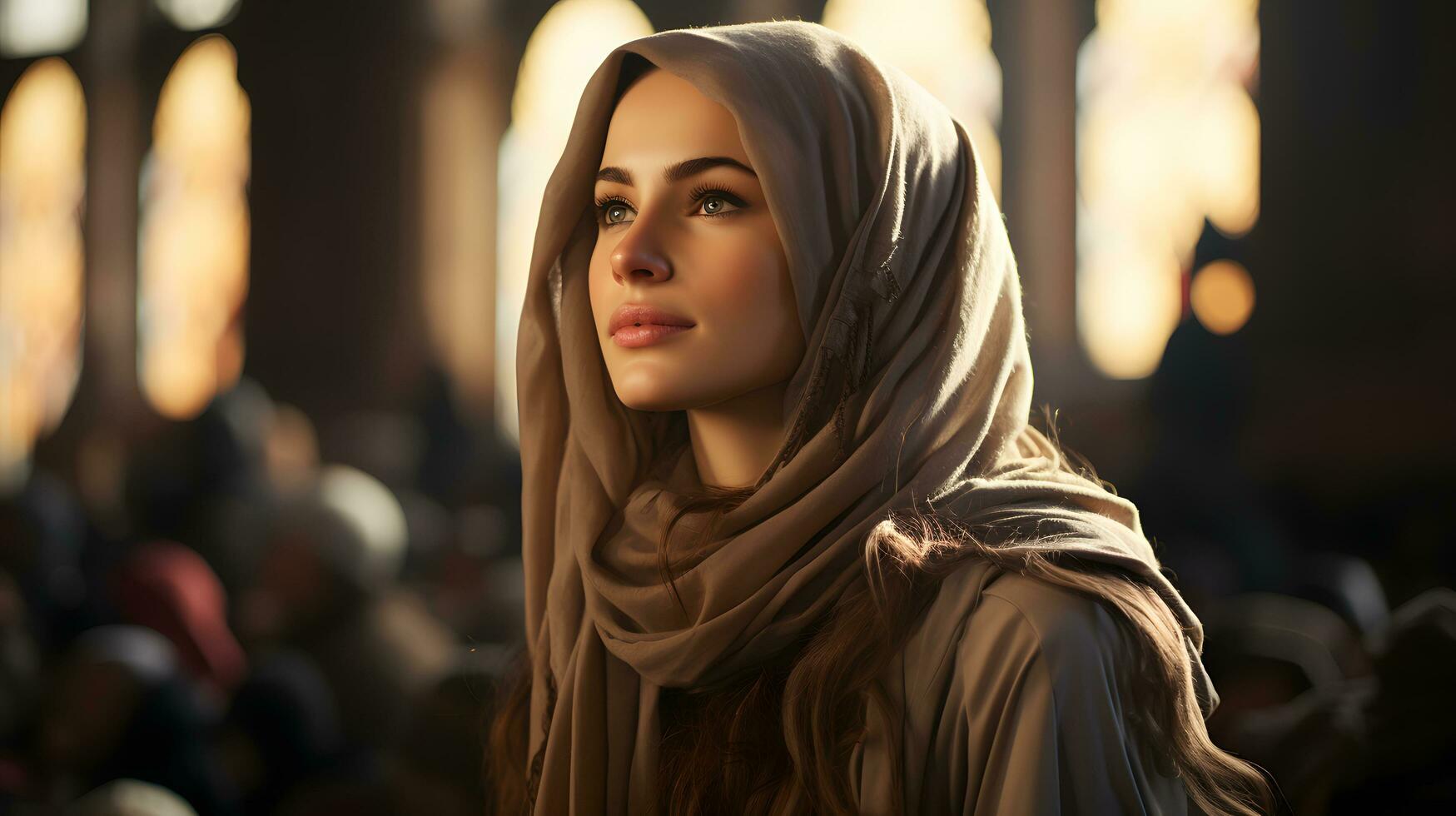 AI generated Beautiful Muslim woman in hijab sits in mosque, listening to sermon, Generative Ai photo
