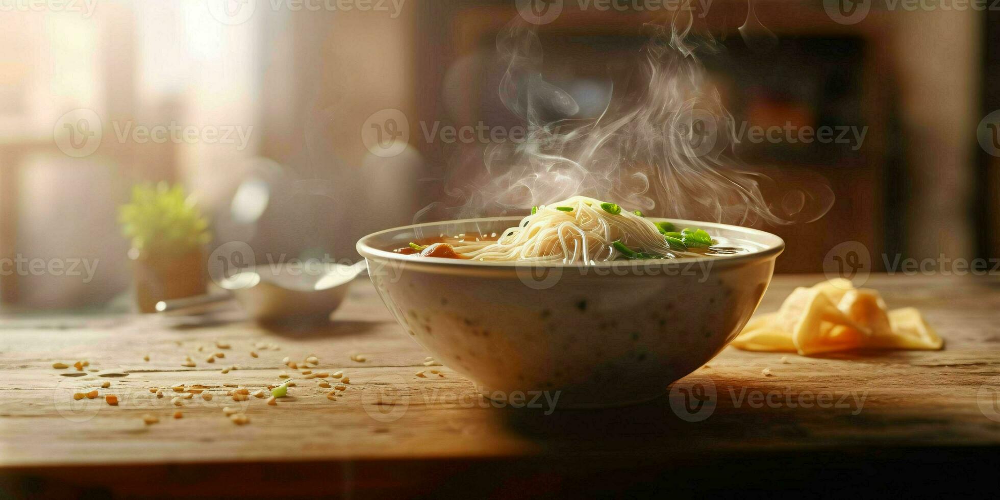 AI generated A Bowl of Hot Noodle Soup on Wooden Table. Generative AI photo