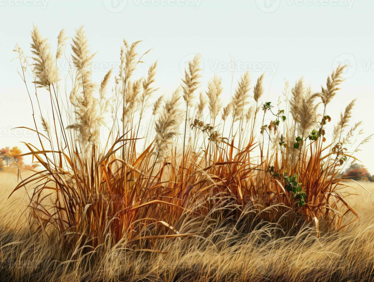 AI generated Prairies Grasses with Blue Sky View. Grass on Wild Field. Generative AI photo