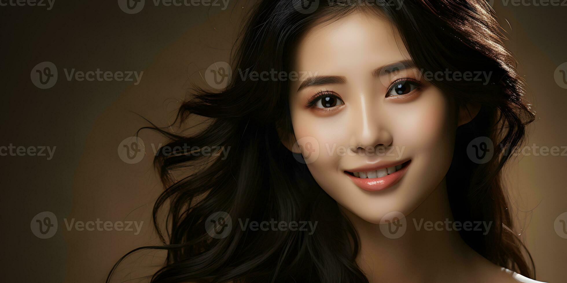 AI generated Portrait of a Smiling Long Haired and Young Asian Woman with Copy Space Background, for Beauty, Fashion, Skincare or Cosmetic Products. Generative Ai photo