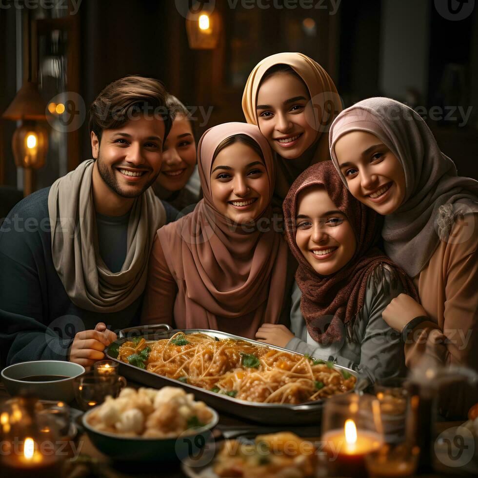 ai generado musulmán familia y amigos reunión durante Ramadán con delicioso platos en el mesa. iftar cena. generativo ai foto