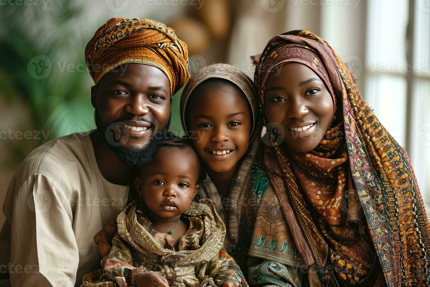 AI generated Portrait of a Happy African Muslim Family in Traditional Clothes. Generative AI photo