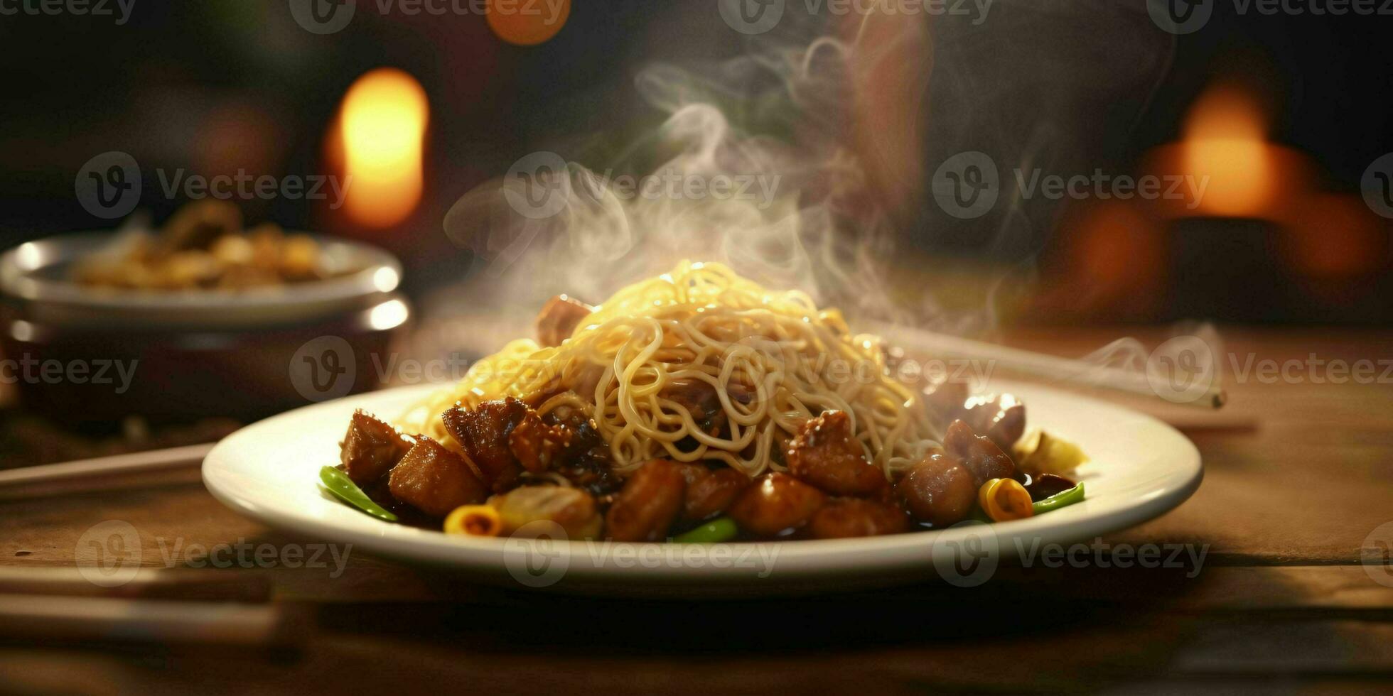 AI generated Delicious Fried Noodle with Smoky Effect on a Wooden Table. Generative AI photo