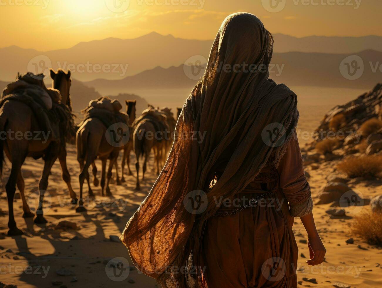 ai generado hermosa velado mujer de viaje en el Desierto con luz de sol efecto. generativo ai foto