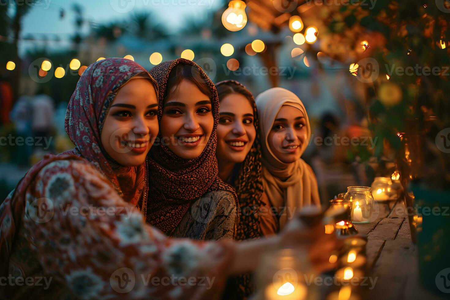 AI generated Group of happy muslim women wearing hijab taking selfie with mobile phone at sunset. Generative Ai photo