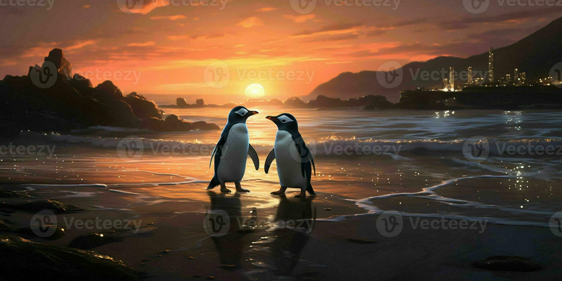 AI generated A Pair of Penguins Enjoy the Beauty of the Beach at Dusk. Penguin Couple. Generative AI photo