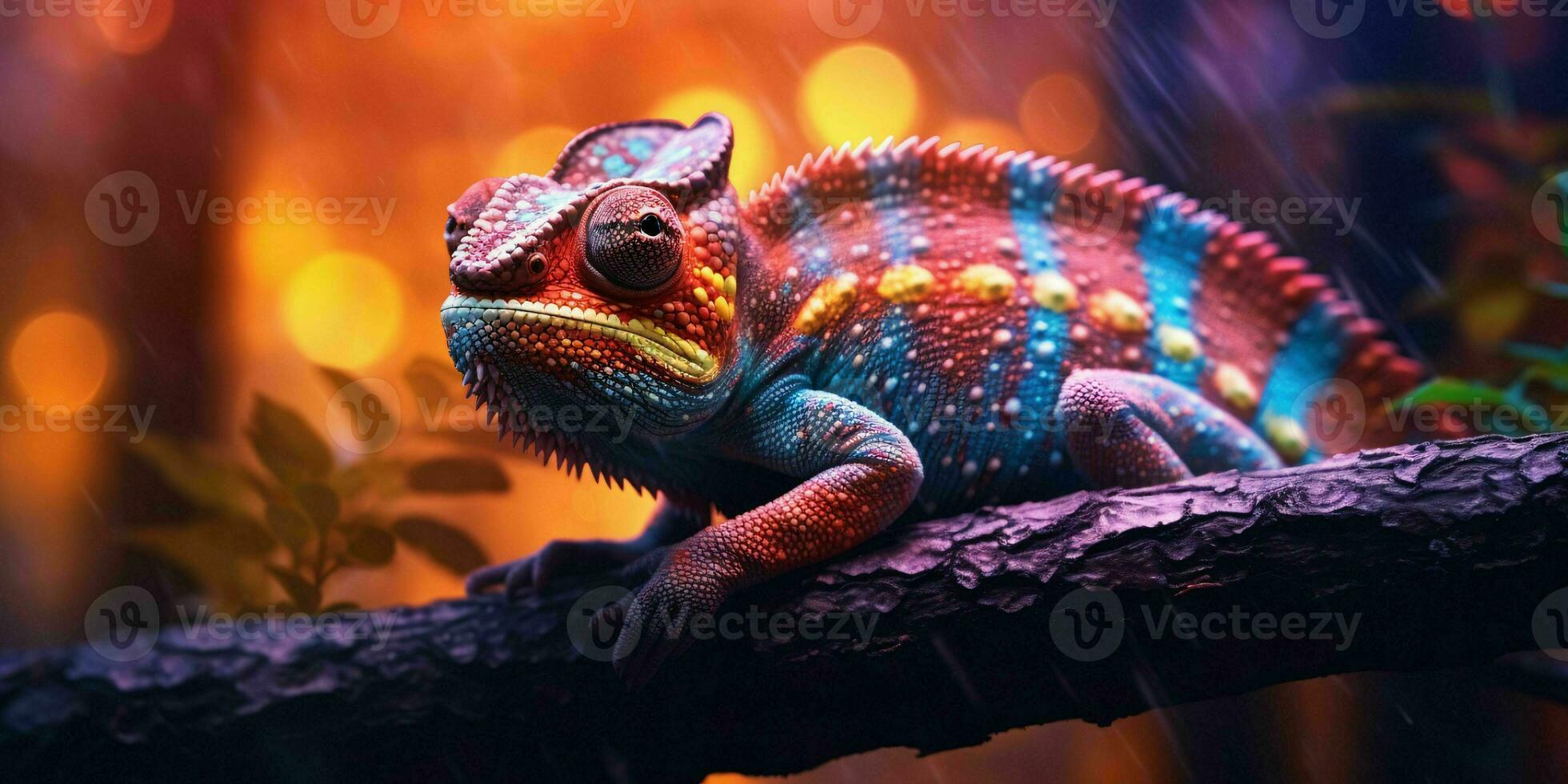 AI generated Colorful Chameleon Perched on a Tree Branch with Vibrant Neon Light Effect. Digital Art. Generative AI photo
