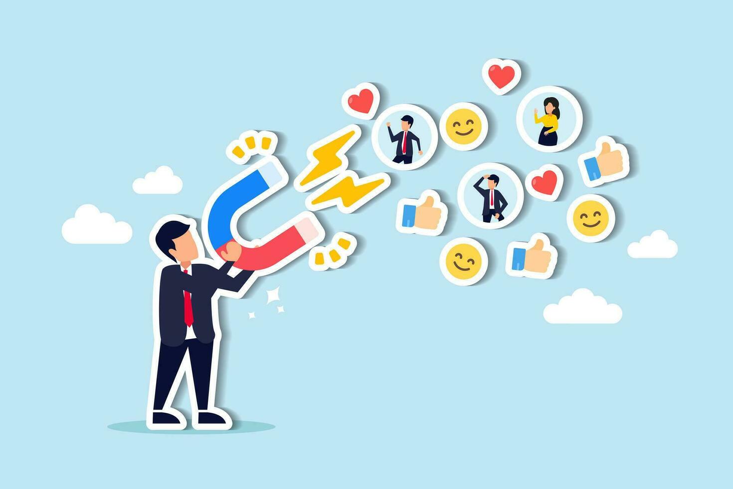 Brand engagement or customer engagement, social positive feedback after using product and share loyalty and trust concept, businessman magnet draw customers with brand engagement impression symbol. vector