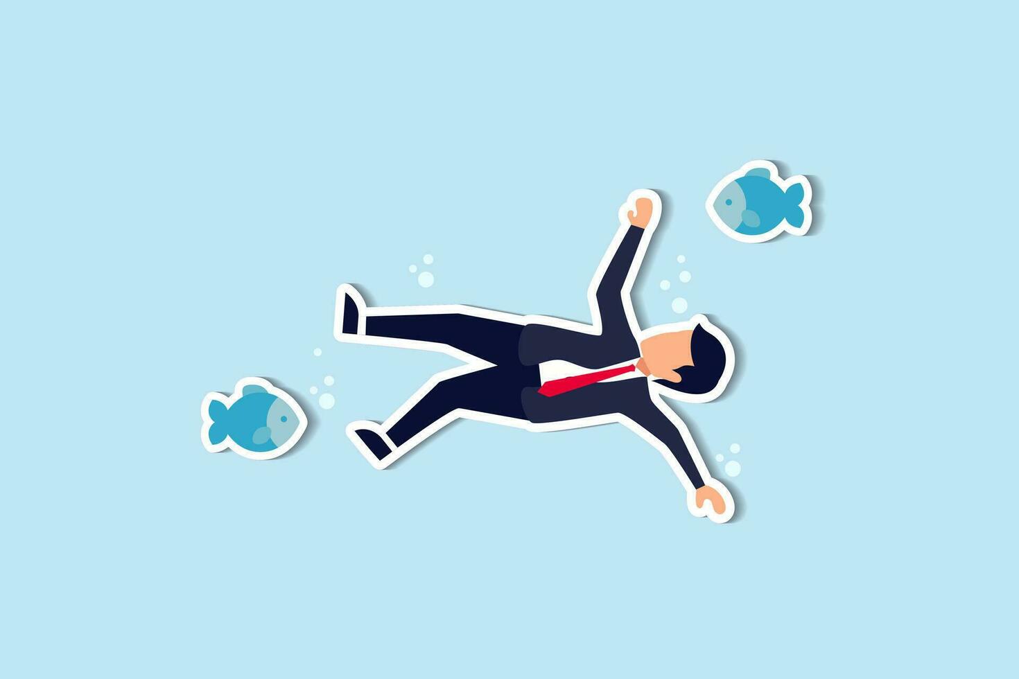 Business failure, financial debt problem and bankruptcy, career struggle or unemployment concept, helpless businessman drowning or sinking into the bottom of ocean. vector