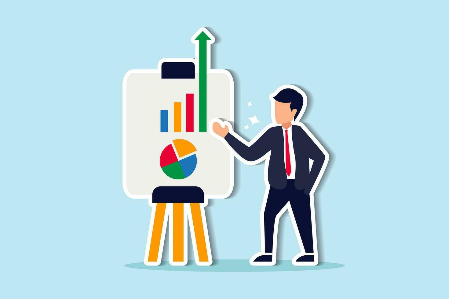 Present company growth, boost profit or increase revenue, success investment or growing sales, report or improvement statistics concept, businessman present graph with high improvement bar chart. vector