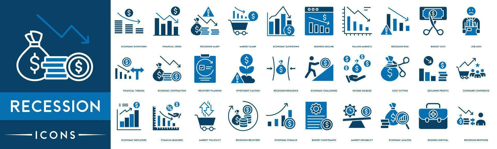 Recession Resilience, Recession Recovery, Recession Risk, Recession Alert, Recession Response, Consumer Confidence. thin line web icon set. Outline icons collection. Simple vector illustration