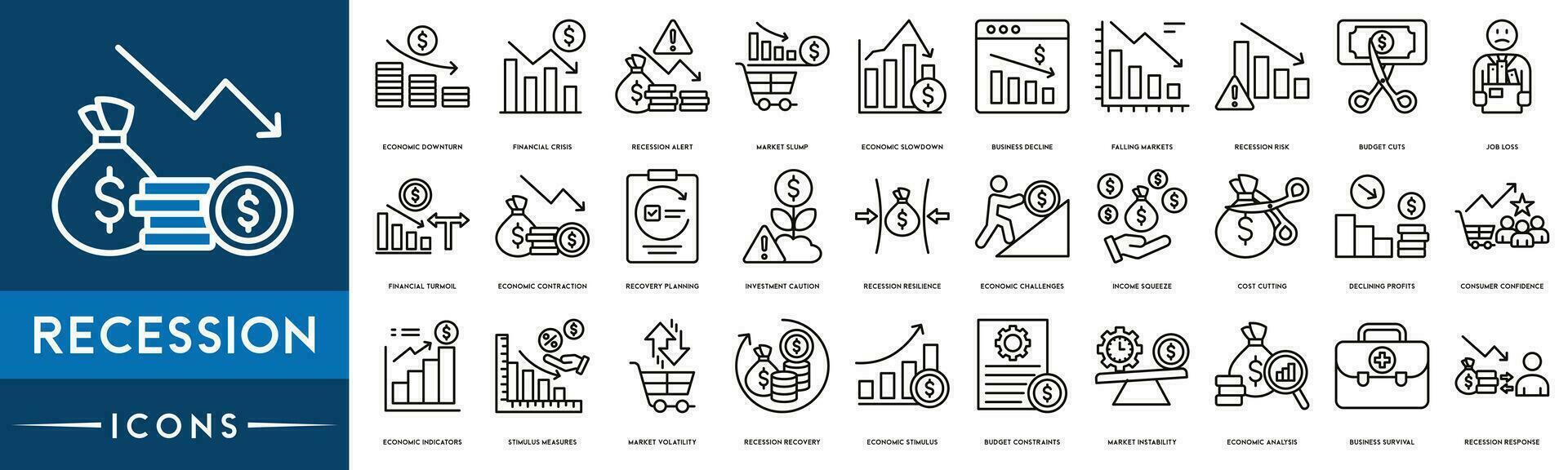 recesión resiliencia, recesión recuperación, recesión riesgo, recesión alerta, recesión respuesta, consumidor confianza. Delgado línea web icono colocar. contorno íconos recopilación. sencillo vector ilustración