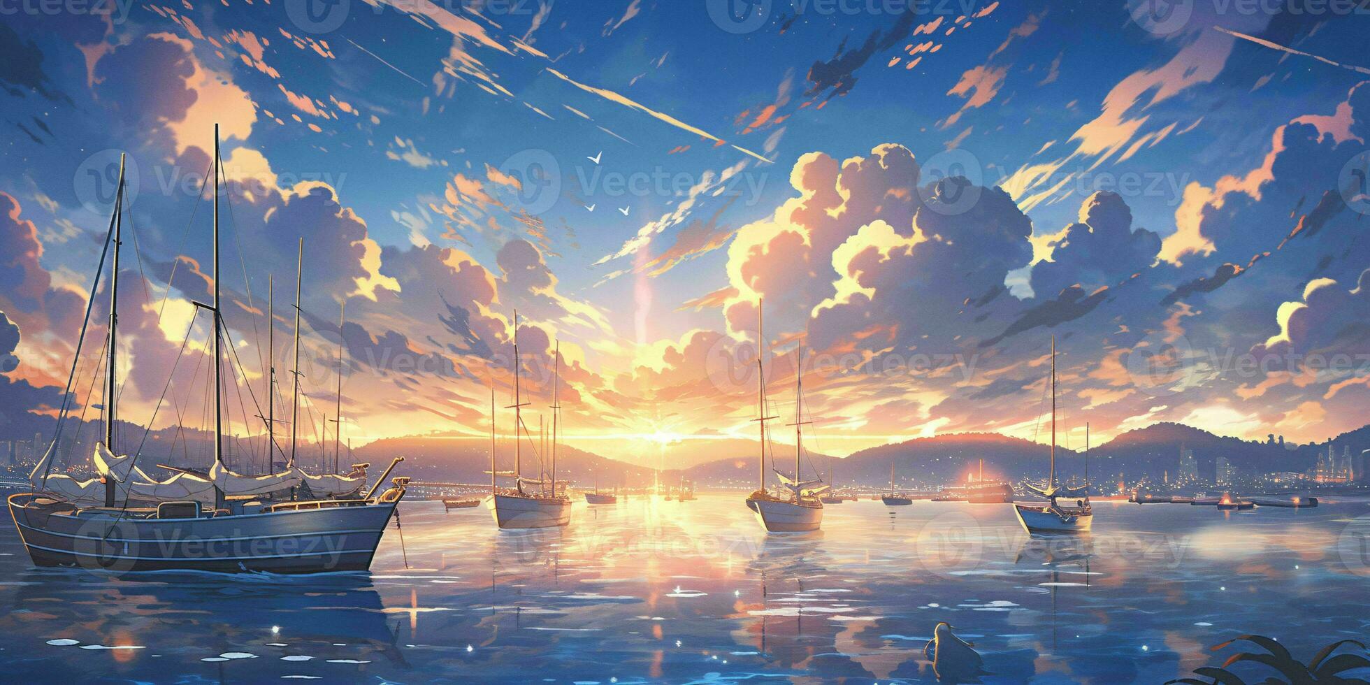 AI generated Beautiful Harbor with Blue Sky and Sunset View in Japanese Anime Style. Generative AI photo
