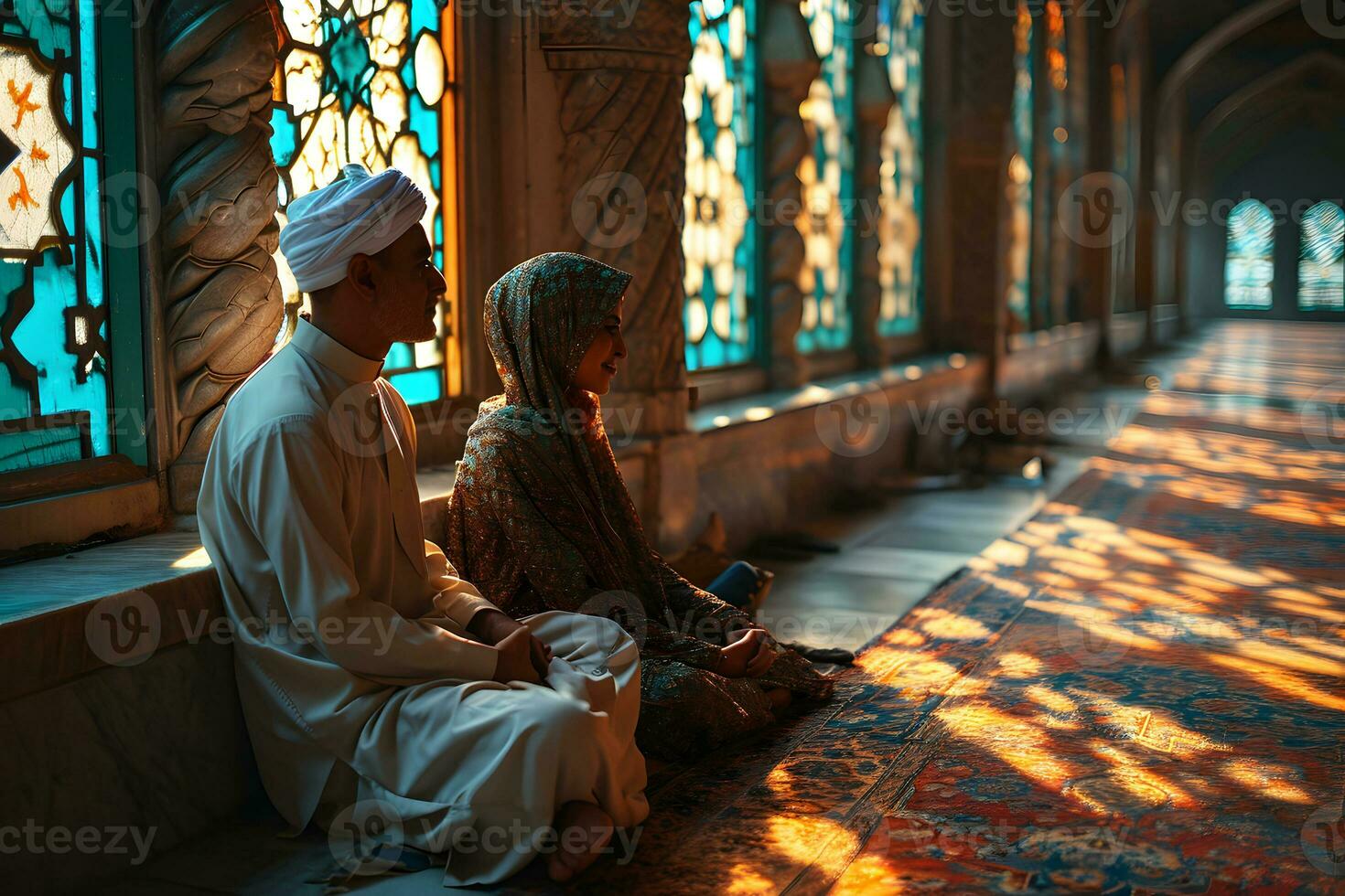 AI generated Muslim couple sitting in a mosque in traditional dress. Generative Ai photo