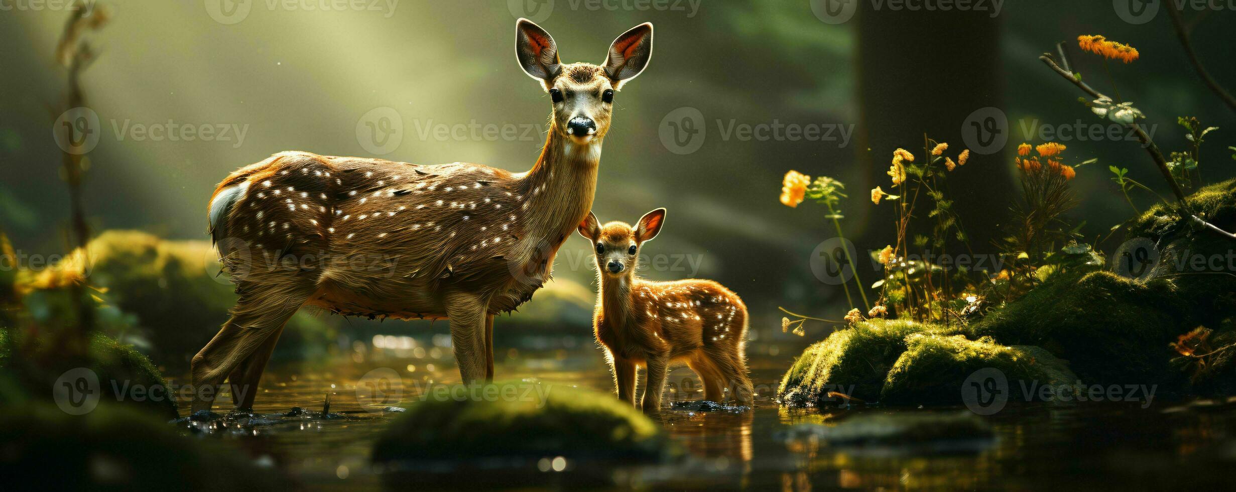 AI generated Deer and Fawn With a Blurry Forest Background. Generative AI photo