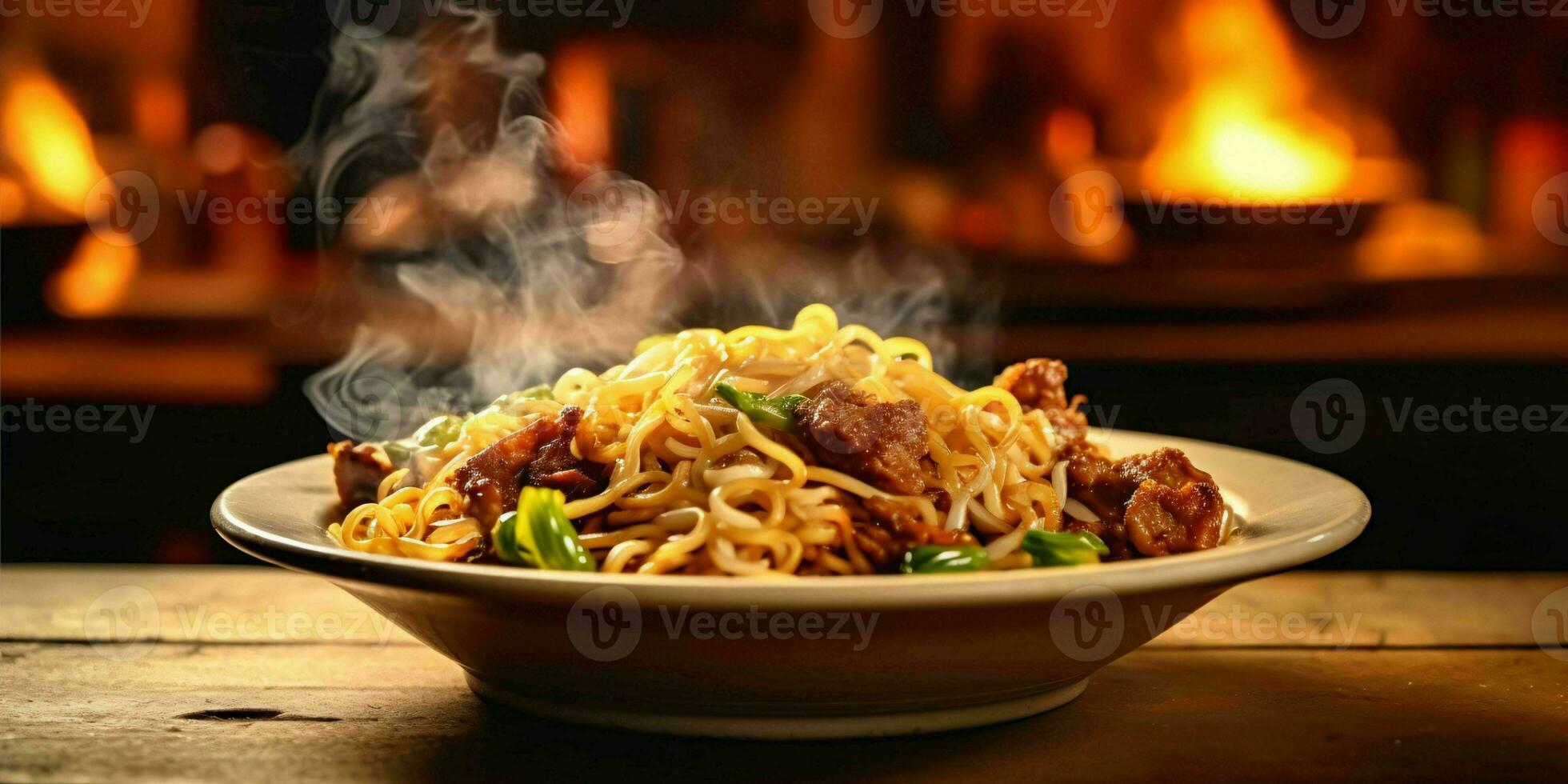AI generated Delicious Fried Noodle with Smoky Effect on a Wooden Table. Generative AI photo