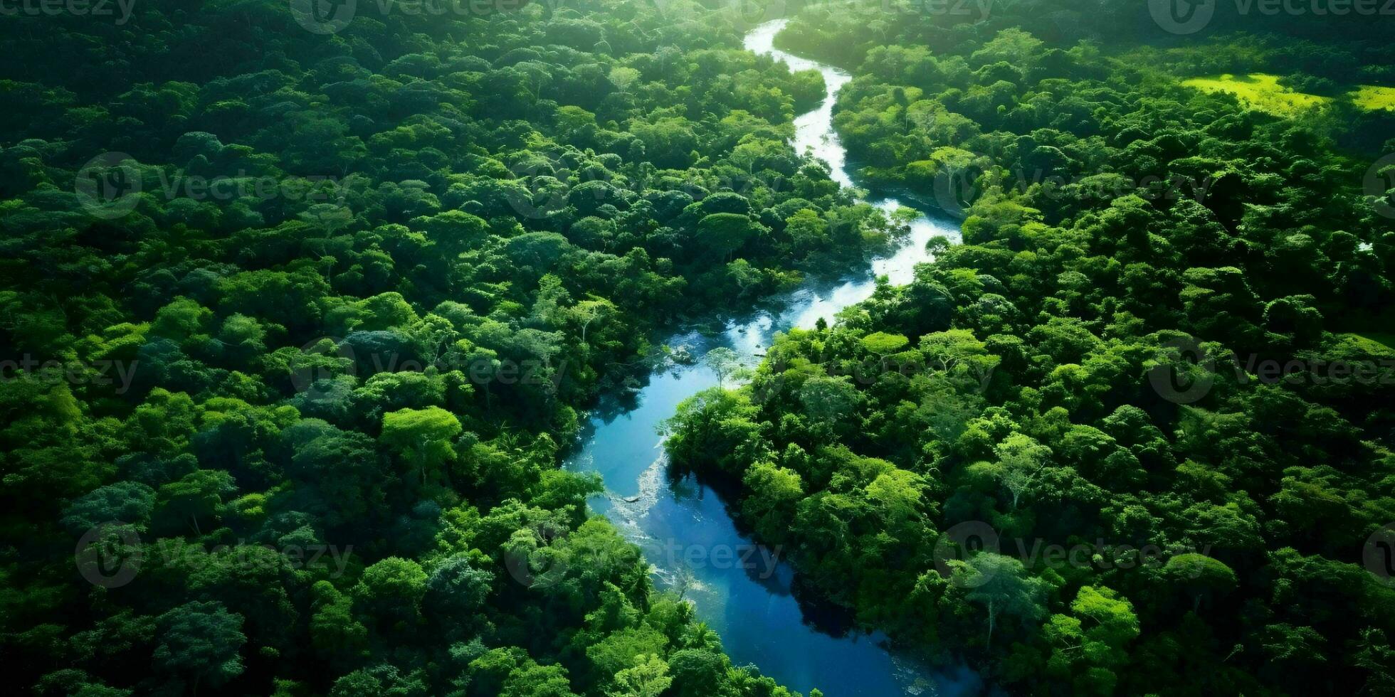 AI generated Aerial View of Green Forest and River. Generative AI photo