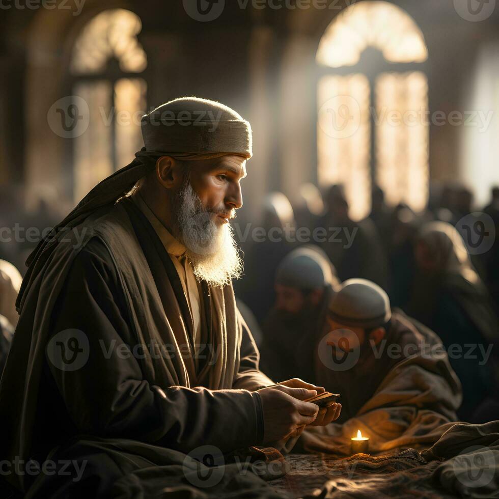 AI generated Islamic Imam Conducts a Sermon at the Mosque. Muslim Imam Preaching to the People in the Mosque. Generative Ai photo