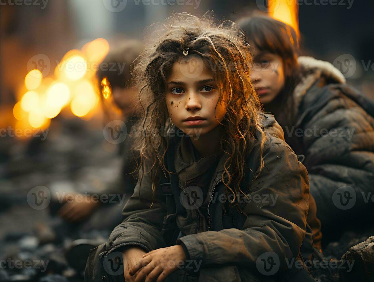 AI generated A group of refugee children sit in the middle of a war-torn city. Kids in war zone. Generative Ai photo