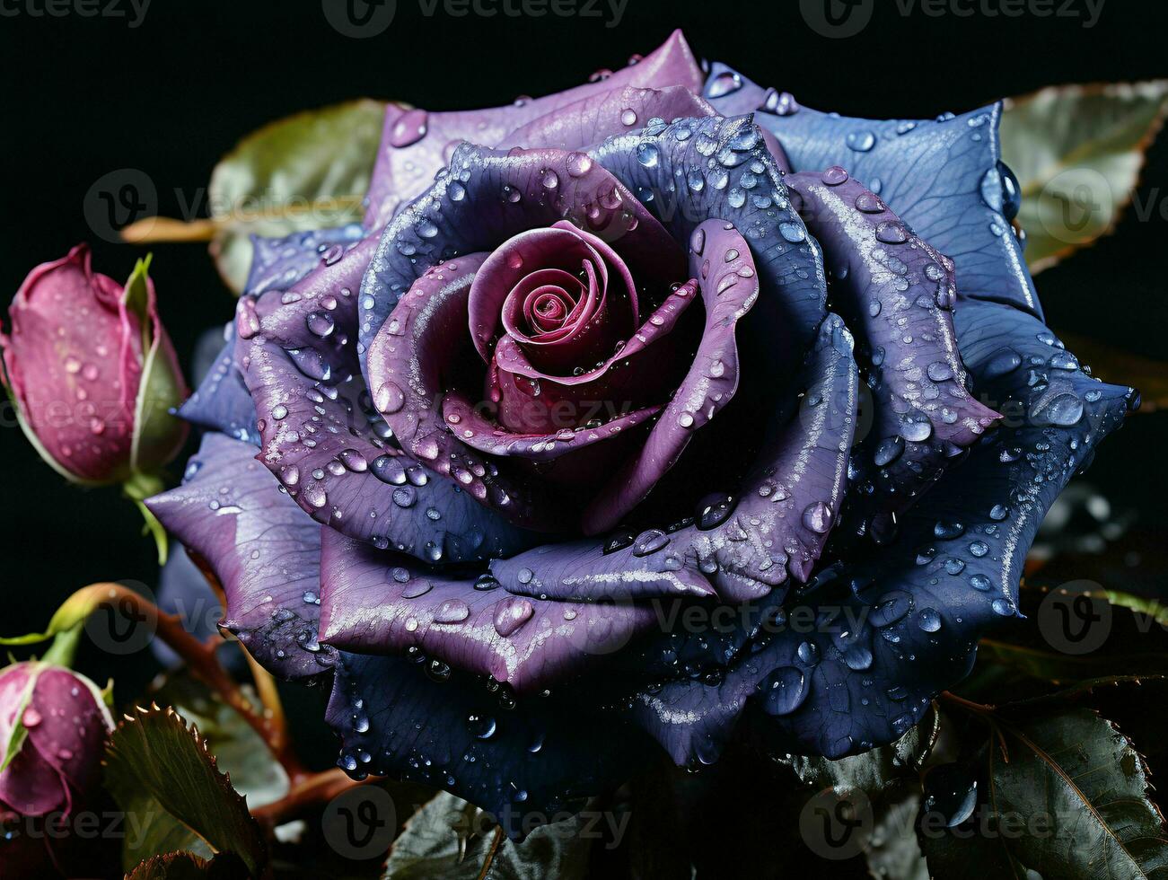 ai generado púrpura y oro vaso Rosa flor con agua gotas en eso aislado en negro antecedentes. generativo ai foto