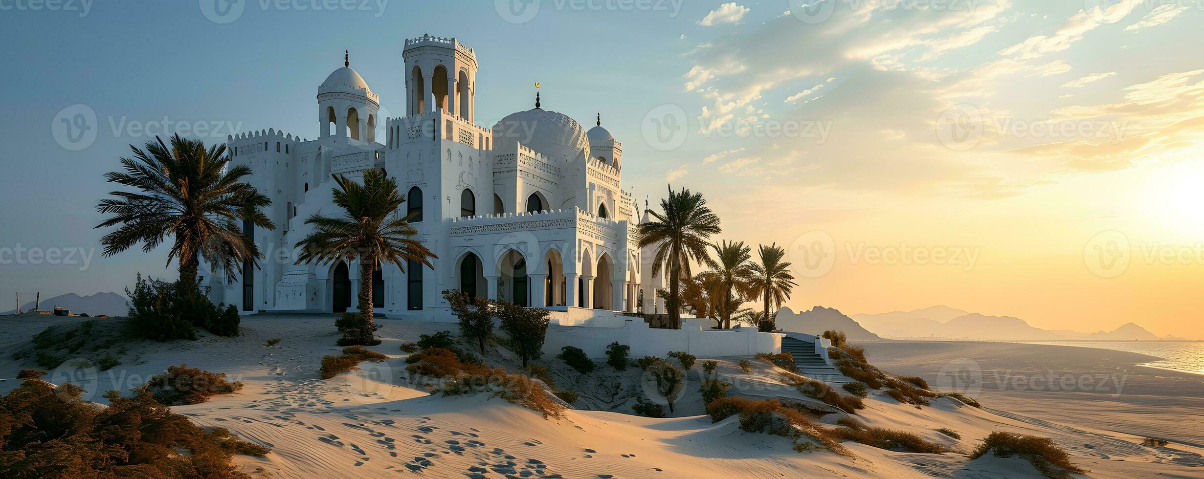 AI generated Beautiful Minimalist White Mosque in the Desert with Palm Tree and Sky Views. Generative AI photo